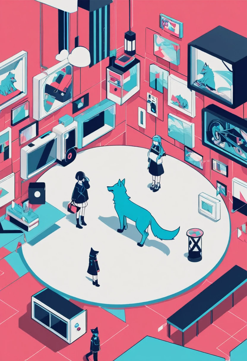 simple,blankspace,flat color,isometric minimalist design,girl with wolf, Employ neo-pop style illustrations, minimalist canvases, and animated visuals, using white and blue palette,