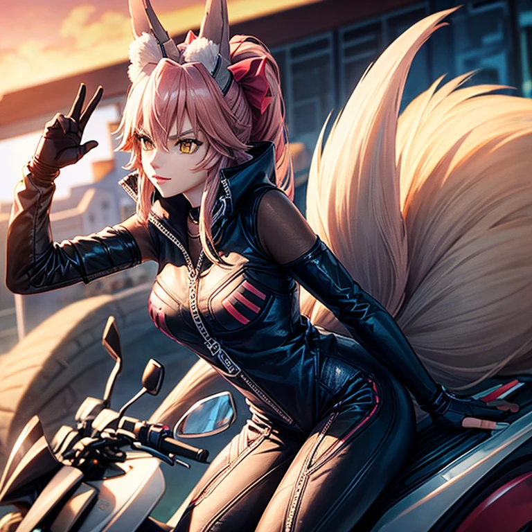 A woman in a motorcycle riding suit with fox ears and a tail