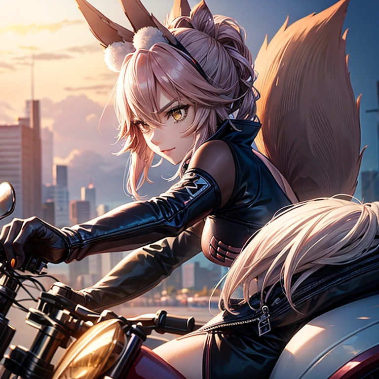 A woman in a motorcycle riding suit with fox ears and a tail