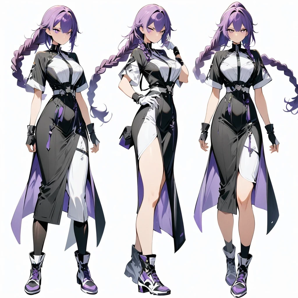 (masterpiece, best quality:1.2), Double braid girl,Purple and white gradient double braid long ponytail.cool.personality.brave,(White background:1.2),whole body