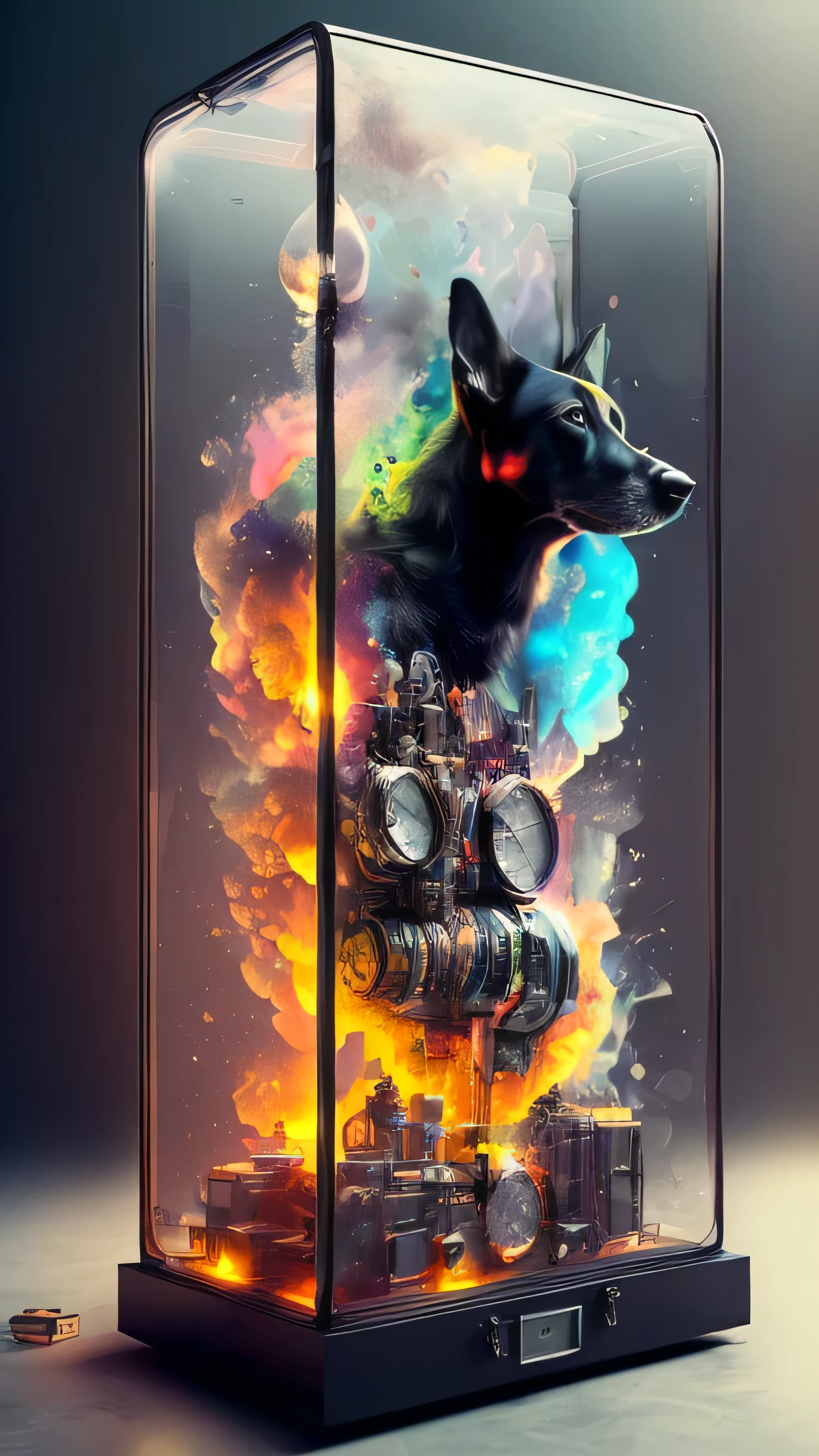knollingcase,  black dog,  (((vibrant, photo realistic, realistic, dramatic,  sharp focus, 8k)))