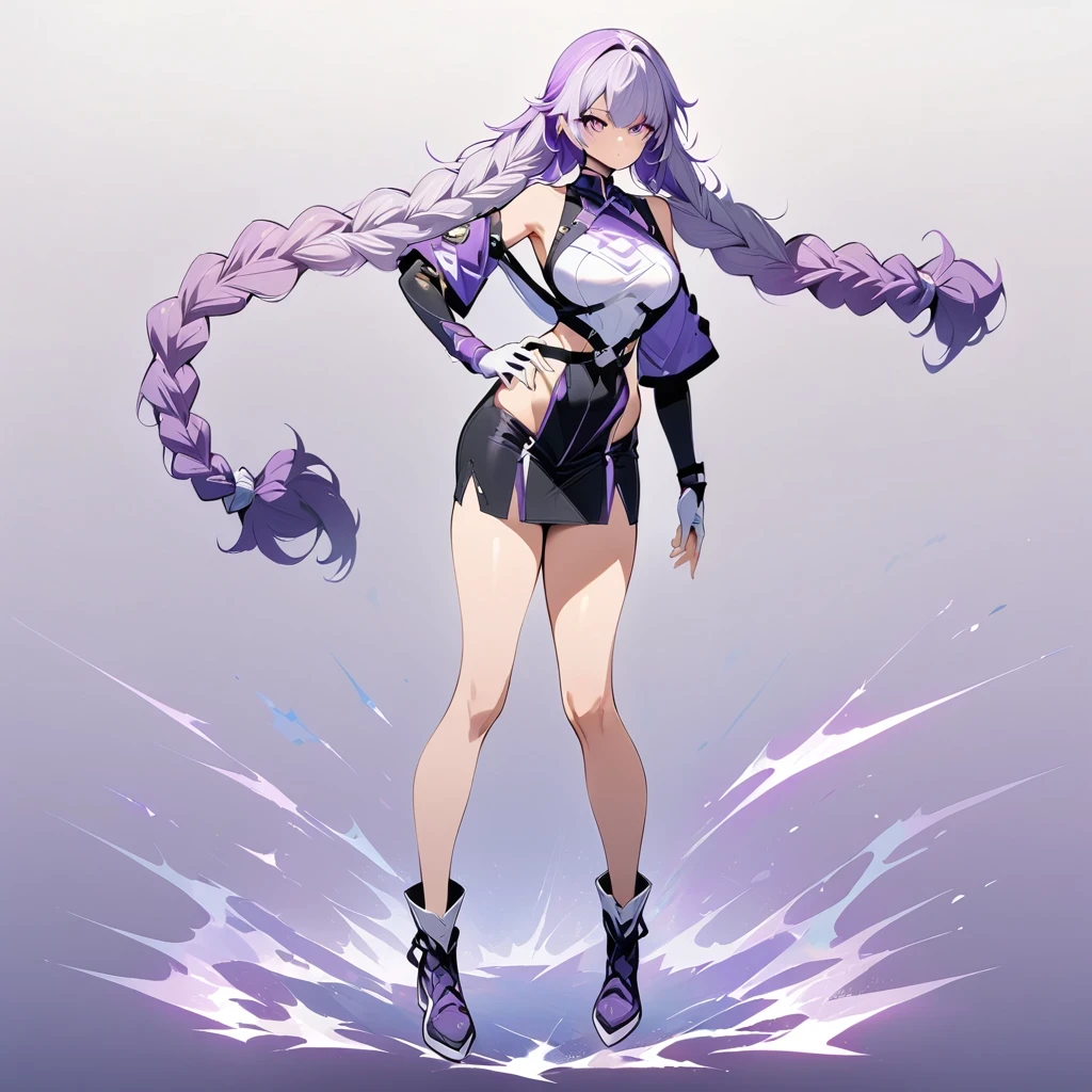 (masterpiece, best quality:1.2), Double braid girl,Purple and white gradient double braid long ponytail.cool.personality.brave,(Purple and white gradient background:1.2),whole body