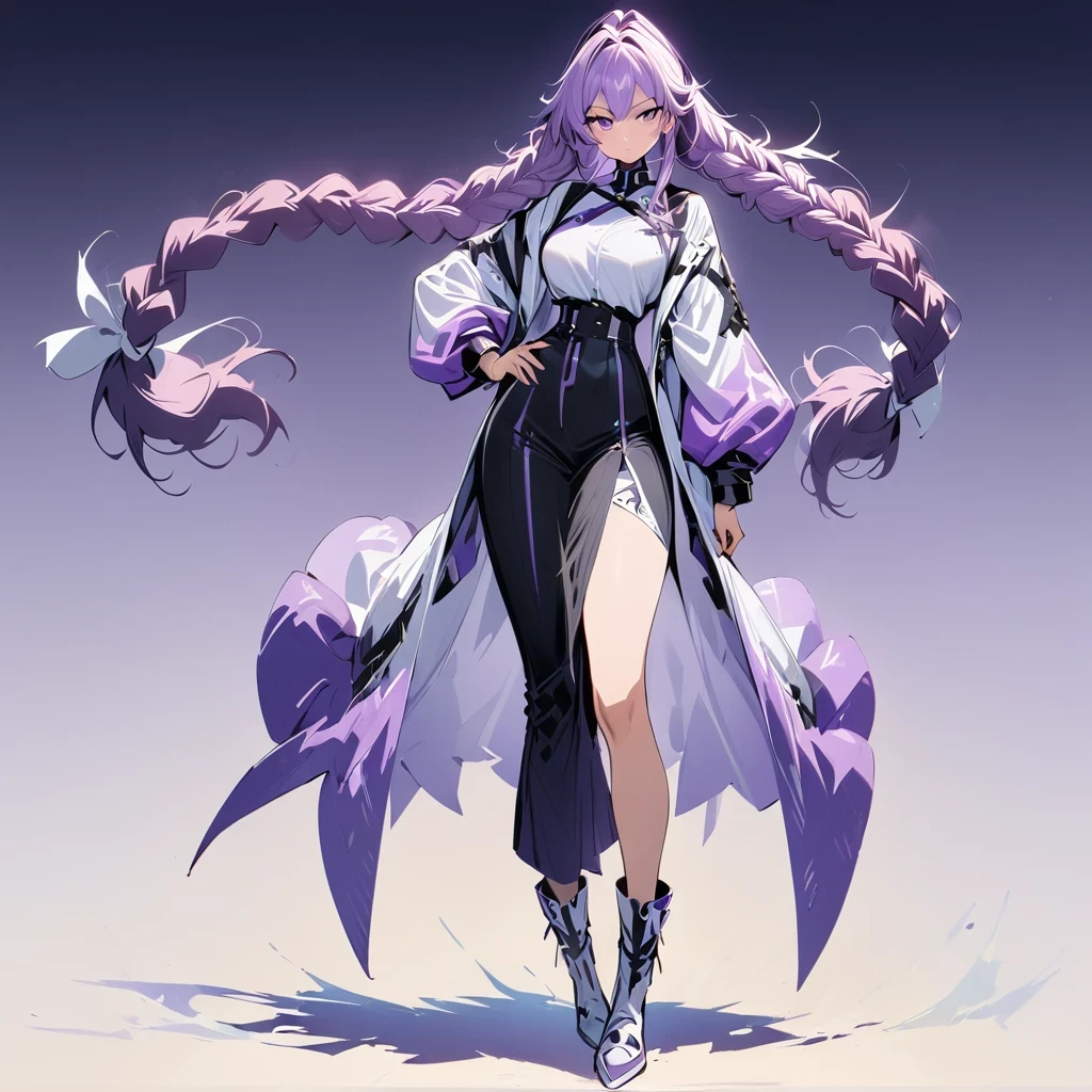 (masterpiece, best quality:1.2), Double braid girl，Purple and white gradient double braid long ponytail.cool.personality.brave,(Purple and white gradient background:1.2)，whole body