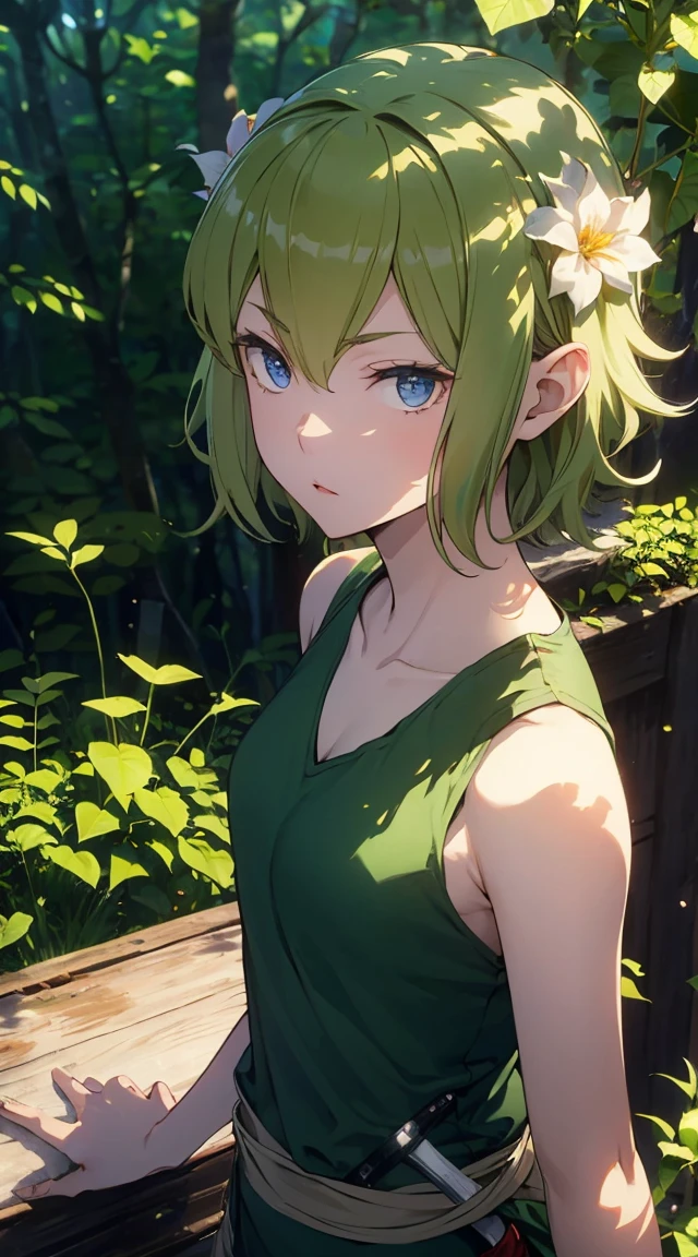 High resolution, Very detailed,, Mid-chest, Looking at the audience, Upper Body Shot、in the forest, Bright colors, Official attire、Green Flower、White tank top、Wooden sword、