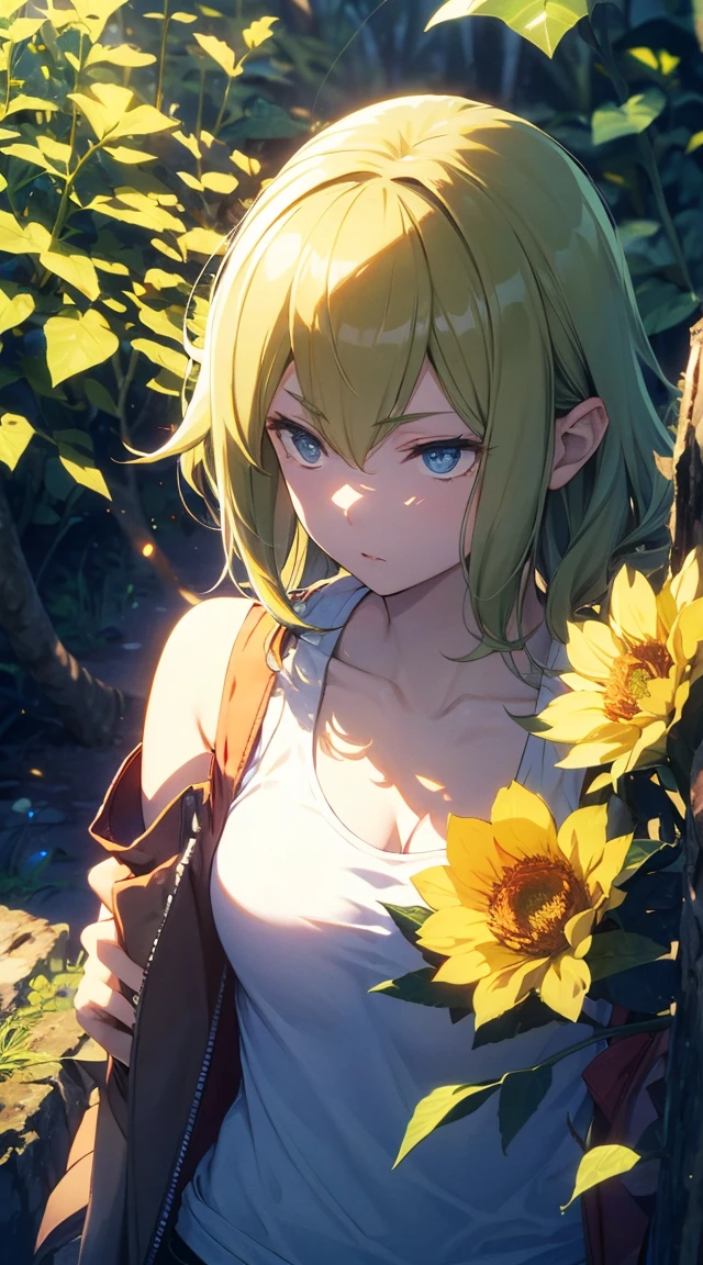 High resolution, Very detailed,, Mid-chest, Looking at the audience,  Upper Body Shot、in the forest,  Bright colors, Official attire、Green Flower、White tank top、Wooden sword、