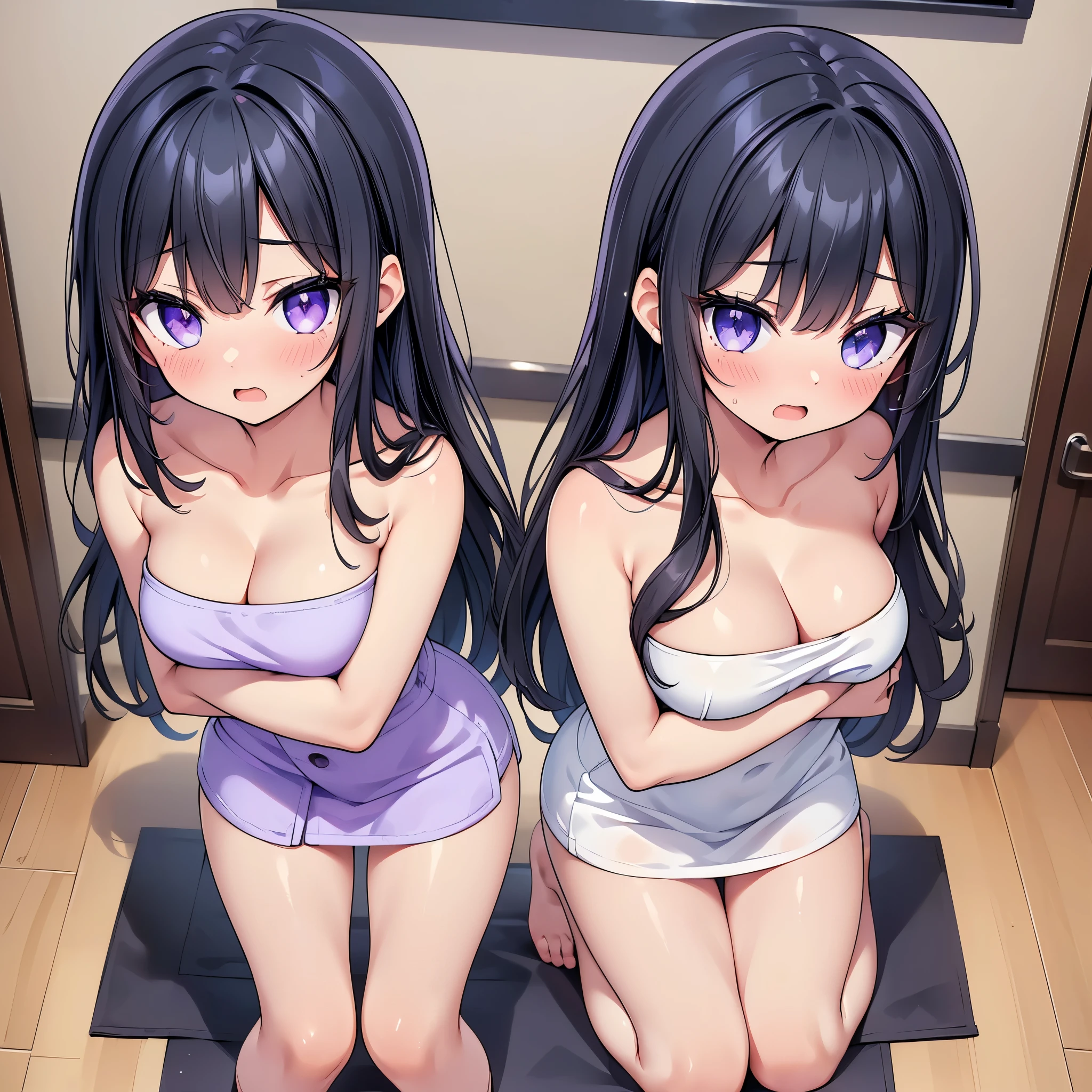 (cute eyes:1.2), (sparkling eyes:1.2), (8K、Best image quality、highest quality、masterpiece)、Detailed face、(2 girls)、Improve、(Black Hair, Purple Eyes, long hair)、(open mouth), (embarrassed), (skinny body:1.1),(medium breasts), (Naked Towel:1.3), (leaning forward), (hands on knees:1.4), (cleavage), Classroom Background,(from above:1.2)