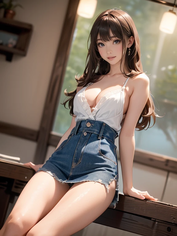 ((Extremely exposed))(High-definition image quality)極Realistic skin texture、High definition face(brown、Very long straight hair、Hair behind the ear、Beautiful moist brown hair、Smooth Hair)((Bright smile))、Gaze(sexyな25歳の女の子、Idol Makeup、Eyeliner)(Fair skin)(Sparkling eyes)Smooth Skin、Realistic skin texture ((Oversized T-shirt、Short length、Cleavage) ((Extremely short denim miniskirt、damage、Super tight、small、Ultra low rise、Panty lines))))Beautiful armpits、On the position of the chest、Round big breasts、Beautiful valley、Ultra-thin waist、Waistline、Long legs、Glitter High Heels((((Seaside cafe during the day、Sit with your legs apart、Erotic))))(((((Medium full shot from below、sexy))))))Eroticティックで大胆なポーズ、