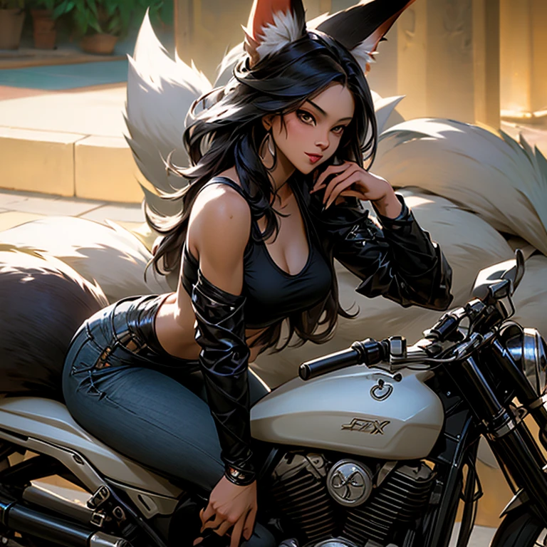 A woman with fox ears and a tail, wearing a tank top and low-rise jeans, riding a motorcycle