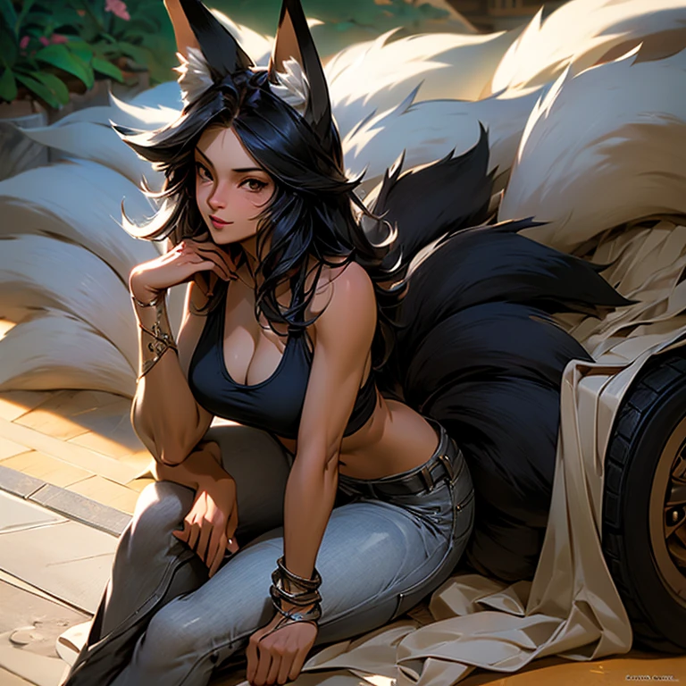 A woman with fox ears and a tail, wearing a tank top and low-rise jeans, riding a motorcycle