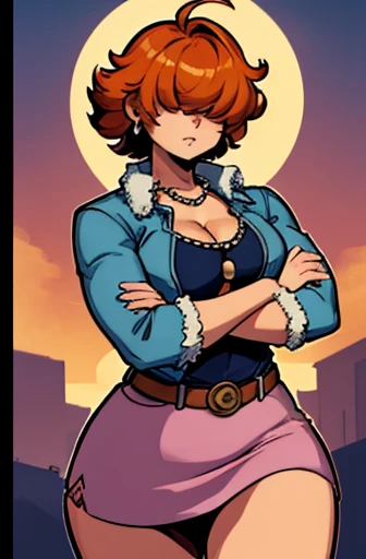,High quality,Female ,((,hair covering eyes,fluffy hair,short hair,serious)),(muscular,breasts),solo,orange hair,toned,Earrings,Curvy legs,2 arms,pearl necklace,denim jacket,pink skirt,side park,night,