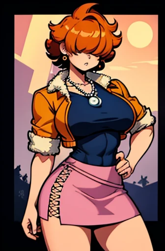  ,High quality,Female ,((,hair covering eyes,fluffy hair,short hair,serious)),(muscular,breasts),solo,orange hair,toned,Earrings,Curvy legs,2 arms,pearl necklace,denim jacket,pink skirt,side park,night,