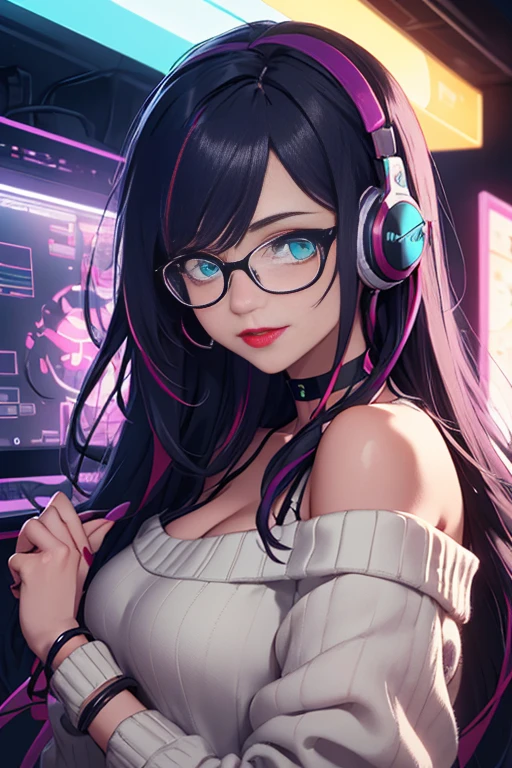 ((best quality)), ((masterpiece)), (detailed), perfect face, female, gamer girl, aqua eyes, cherry-red lips, light smile, long black hair, purple streaks, wearing headphones, bangs, ribbon, choker, bracelet, nerdy glasses, sleeves past fingers, black off-shoulder sweater, large breasts, gamer girl's bedroom, nighttime, neon lights, colorful lights