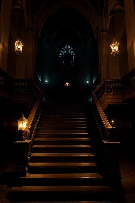 The haunted castle's staircase at night inside the great hall