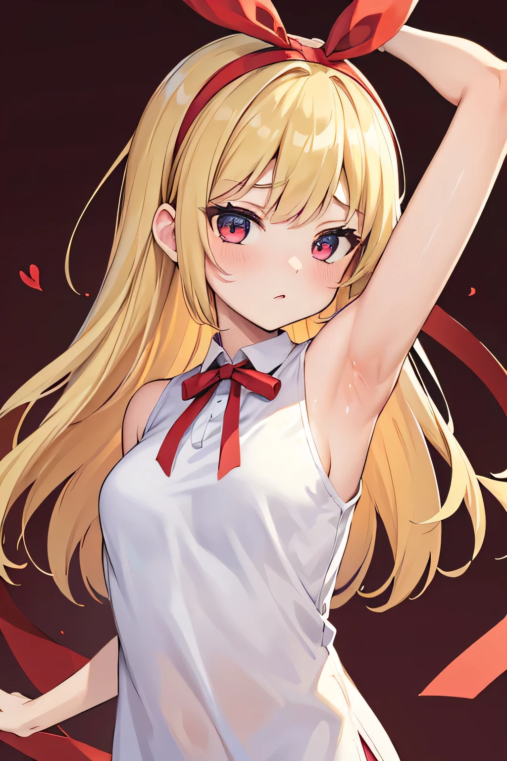 (red ribbon on hairband:1.2),(masterpiece, best quality, highres),BlondeHAIR,A girl whose armpits smell bad。looking at armpit。An angle that looks like you're looking up from below.。very cute round face。embarrassed