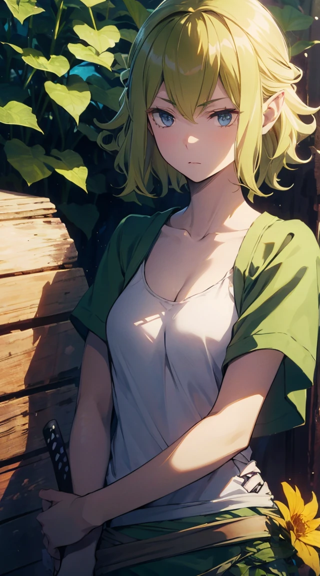 High resolution, Very detailed,, Mid-chest, Looking at the audience, Upper Body Shot、in the forest, Bright colors, Official attire、Green Flower、White tank top、Wooden sword、Embarrassed
