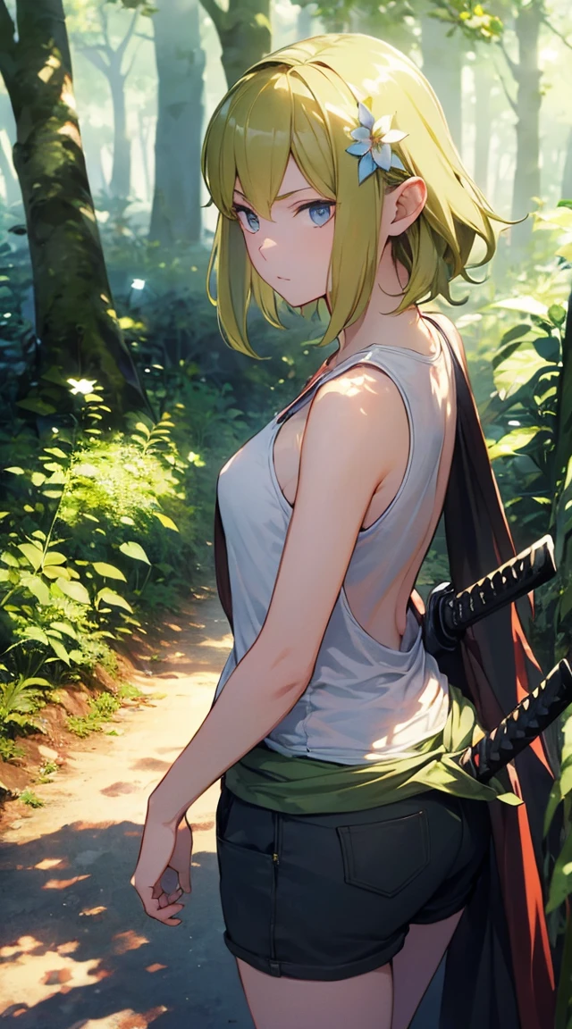 High resolution, Very detailed,, Mid-chest, Looking at the audience, Upper Body Shot、in the forest, Bright colors, Official attire、Green Flower、White tank top、Wooden sword、Embarrassed