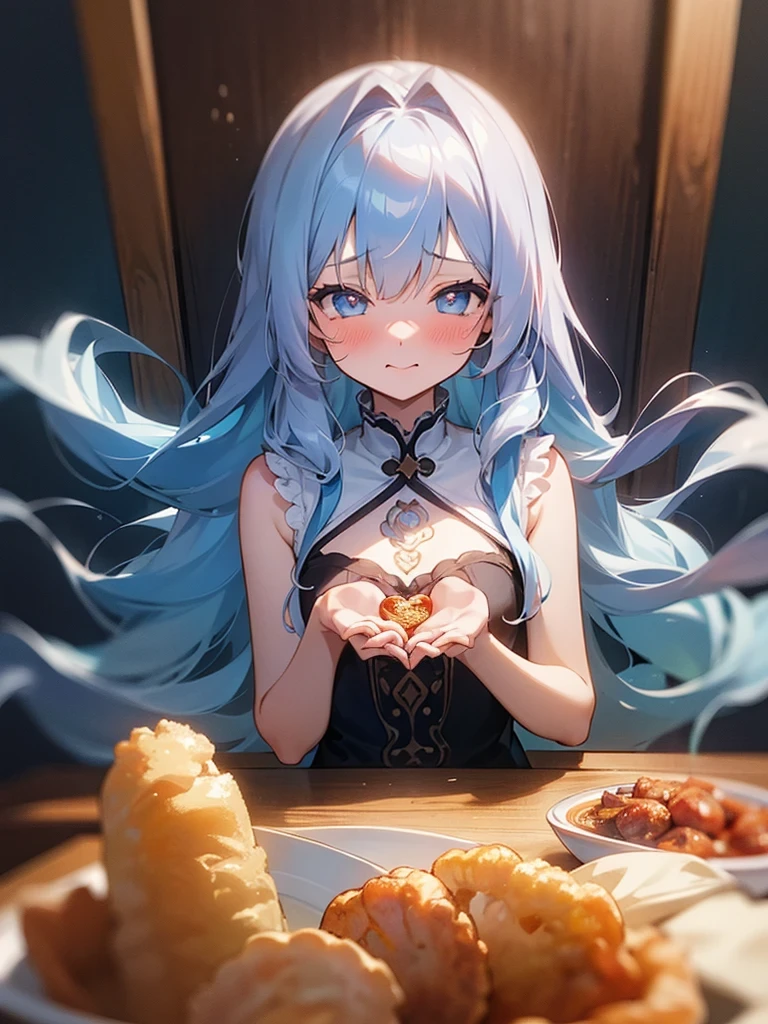 masterpiece, best quality, extremely detailed, (illustration, official art:1.1), 1 girl ,(((( light blue long hair)))), ,(((( light blue long hair)))),light blue hair, ,10 years old, long hair ((blush)) , cute face, big eyes, masterpiece, best quality,(((((a very delicate and beautiful girl))))),Amazing,beautiful detailed eyes,blunt bangs((((little delicate girl)))),tareme(true beautiful:1.2), sense of depth,dynamic angle,,,, affectionate smile, (true beautiful:1.2),,(flat chest)),1girl, solo, masterpiece, best quality, unity 8k wallpaper, illustration, ultra-detailed, full-face blush, heavy breathing, wavy mouth, food, noodles, bowl, ramen, table, sitting 、torogao, tears,heartEyes, heart-shaped_pupils、delicious looking Tempura、detailed hands