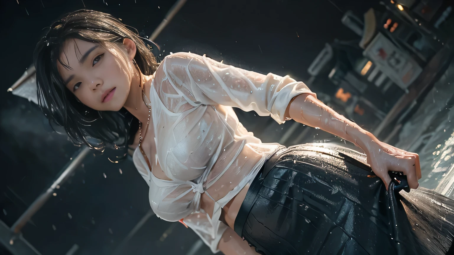 ((Low angle shooting:1.5)), (Photoreal:1.4, 8K, highest quality:1.3, masterpiece, ultra high resolution), ((Typhoon heavy rain)), Highly detailed skin and facial textures:1.3, perfect dynamic composition:1.2, (Modern city at night, In front of the supermarket at night, expression of sadness:0.7), Slim office lady wet in the rain:1.2, Fair skin:1.2, sexy beauty:1.1, perfect style, beautiful and aesthetic:1.1, very beautiful face:1.2, water droplets on the skin, (rain drips all over my body:1.2, wet body:1.2, wet hair:1.3), (Holding a wet handbag:1.1, Wet long skirt:1.2, Wearing wet casual clothes:1.35), belt, (Medium chest, Bra see-through, Chest gap), (Big eyes that exude beautiful eroticism:0.8, adult charm:0.8, Bewitching:0.8), necklace, earrings, bracelet, wedding ring, Highly detailed and accurate hand and finger representation