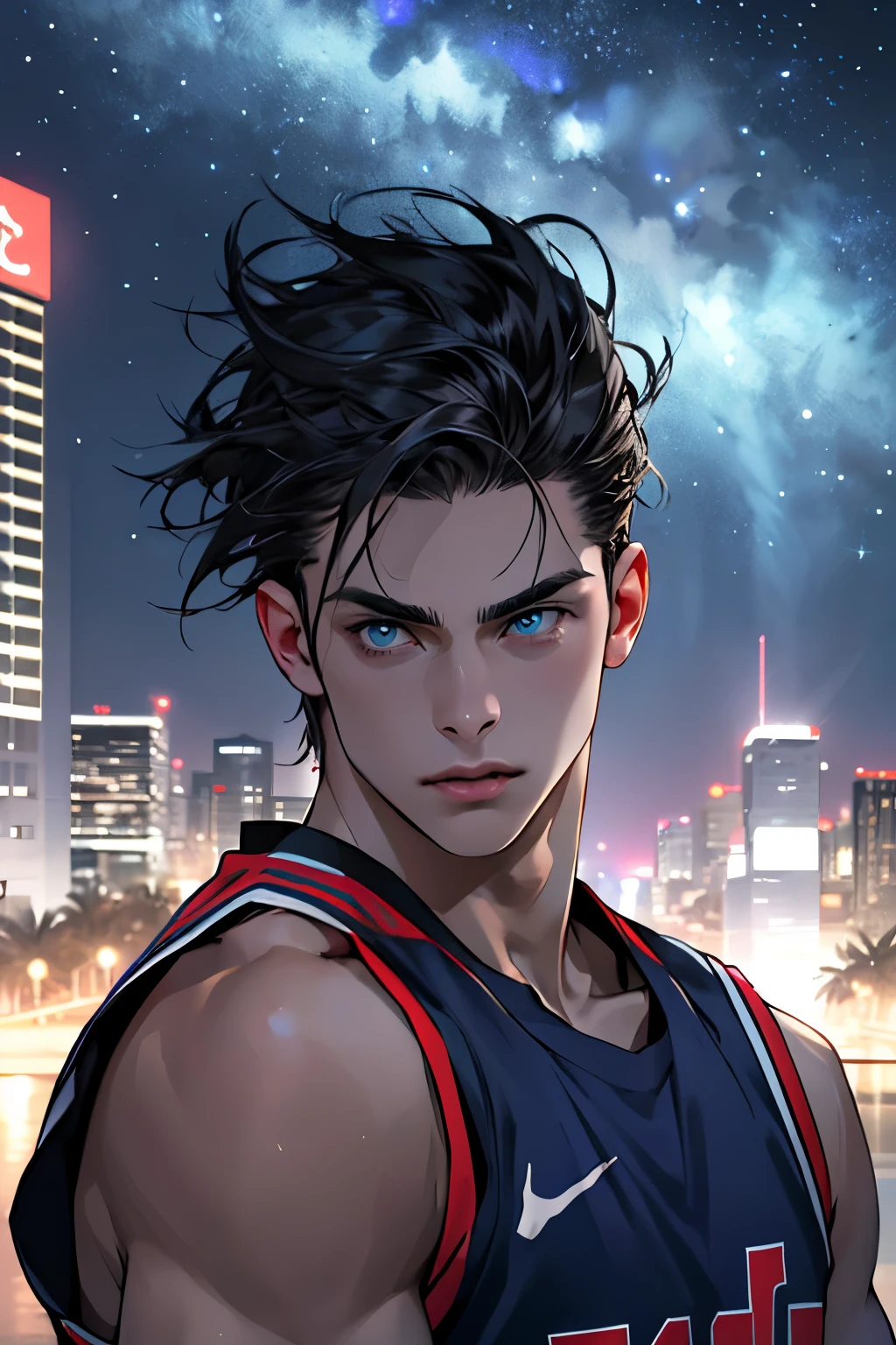 A sexy black-haired boy with blue eyes in a Miami setting, aged around 20, stands solo in a vivid 4k high-resolution, ultra-detailed, and realistic portrait. His sleek, glossy basketball uniform contrasts against the deep blue night sky, showcasing a vibrant cityscape and the shimmering lights of Miami in the background. The vibrant cityscape is illuminated by the Miami night lights, casting a dynamic and energetic atmosphere onto the basketball court, where palm trees sway in the breeze.
With his hair cascading stylishly across his forehead, the boy's blue eyes sparkle with intensity as he executes a sophisticated and athletic