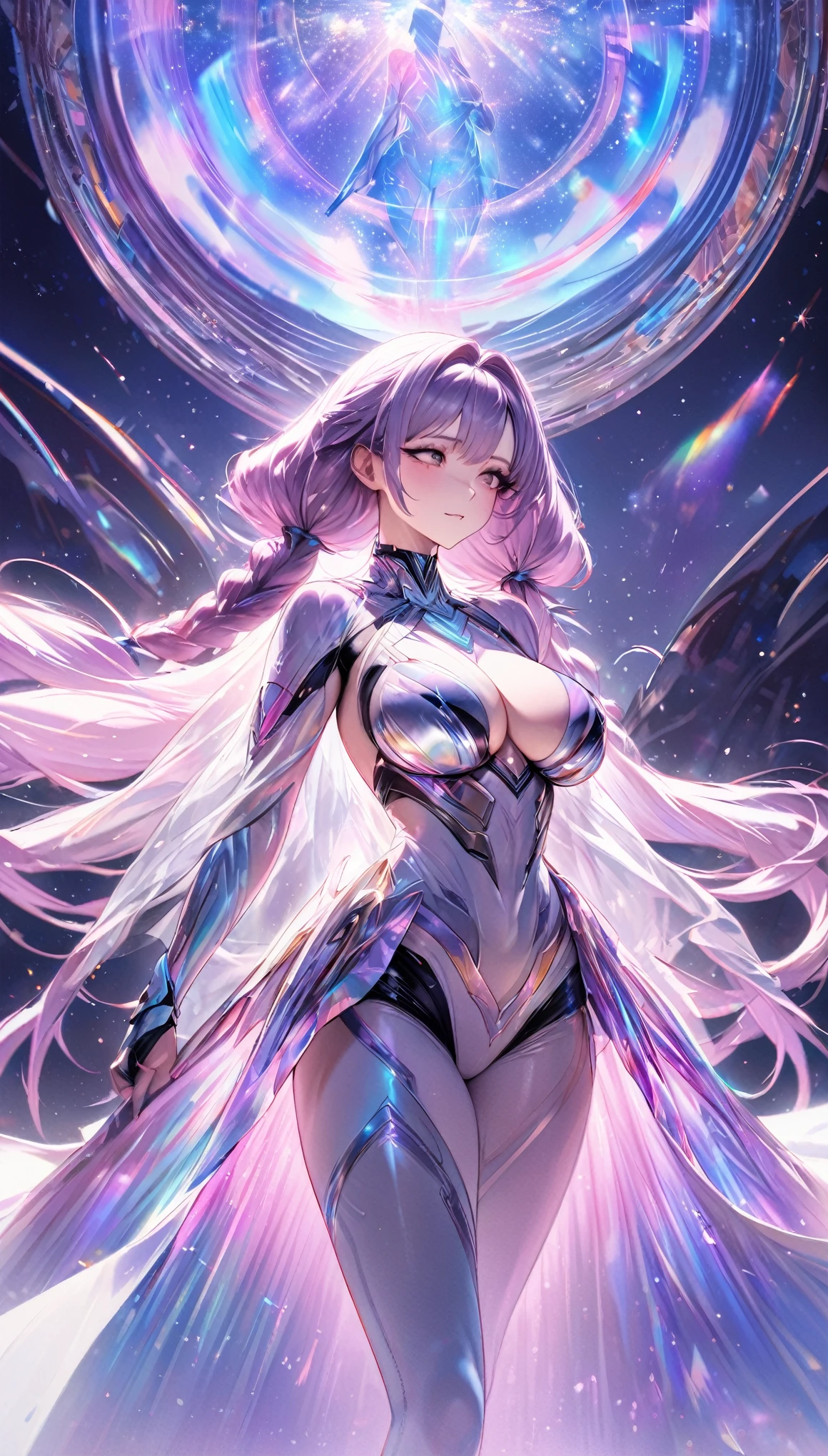 best quality, super fine, 16k, incredibly absurdres, extremely detailed, delicate and dynamic, a cool and beautiful pretty female cyber warrior who fights with a gigantic beautiful transparent and translucent shining goddess, her hair gradating from white to purple as it goes to the tips, with long braided low twintails, iridescent magic circle, background space galaxy far away
