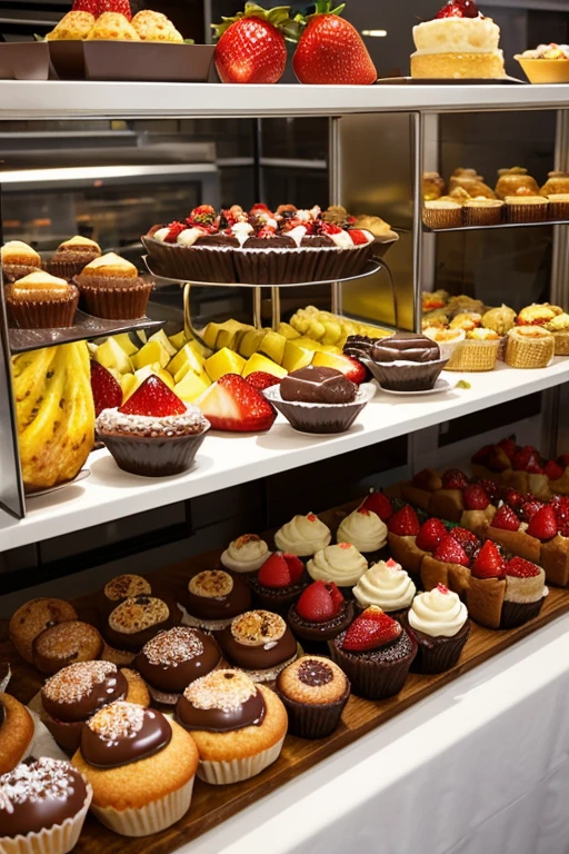 en la bulliciosa cocina de una pnaderia suiza, Chef de Partie with warm smile, invita a sus estudiantes a aprender panaderia. Delicious chocolate-covered cakes and strawberry and pineapple desserts adorn the image.