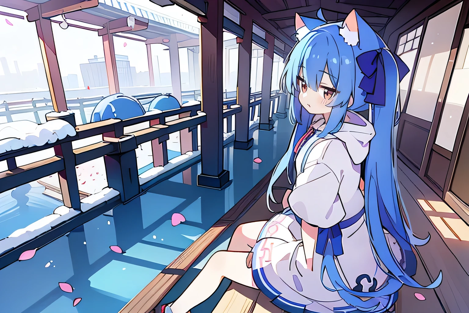 (masterpiece:1.2),Super detailed,lifelike,Expressive eyes,fair skin,perfect face shape,1 girl,
Japanese comics,Gorgeous blue hair,flowing blue hair,flowing clothes,Cat ears,Petals fall,beautiful lola,Baby Angel,
Cross your legs,Gentle and peaceful background,The pavilion is cool and comfortable,smile, wearing hoodie, background of tokyo,back views,snowing, winter.