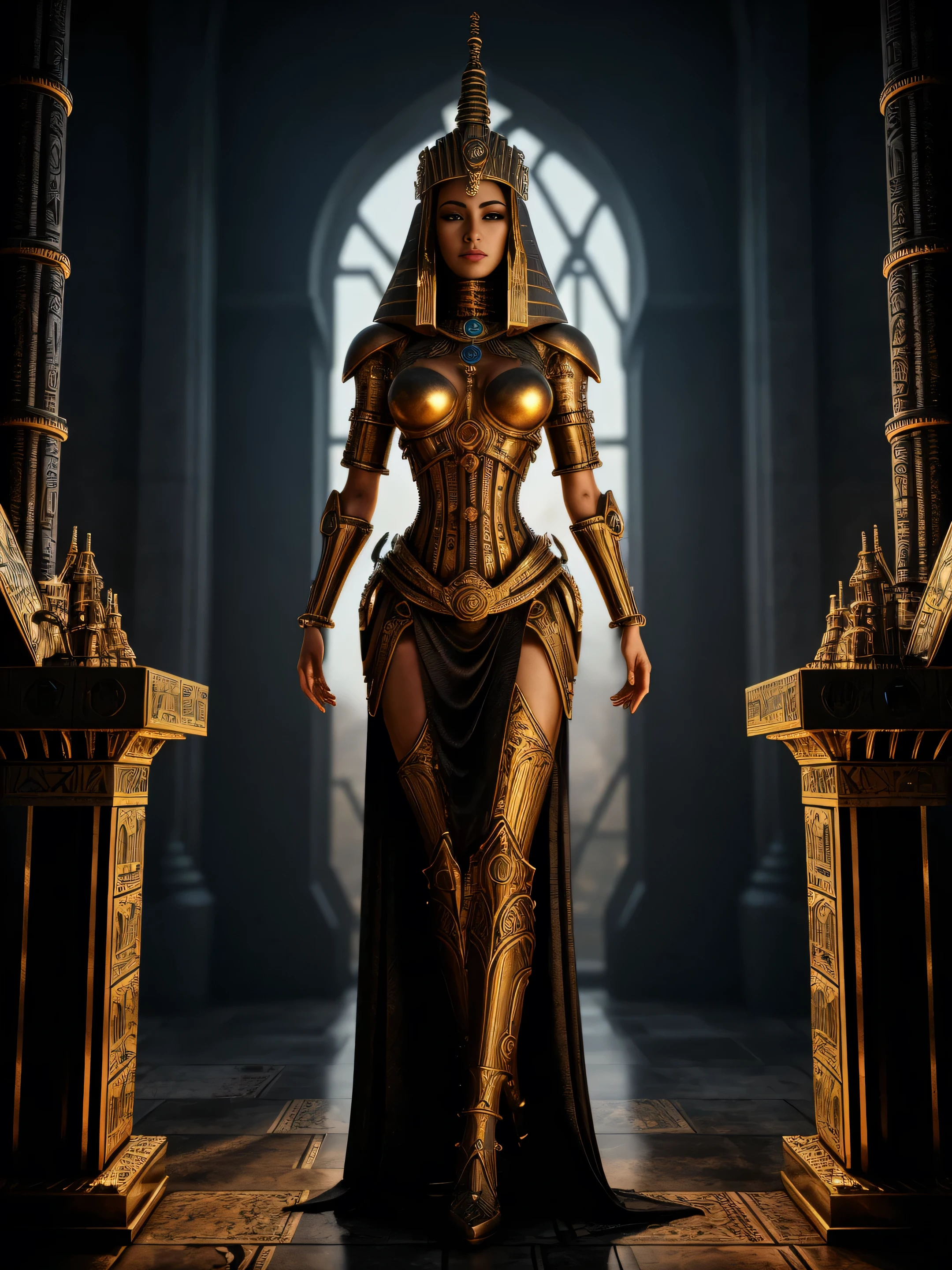 full body fantasy image of medieval egyptian goddess with intricate structure on her head, behind her is an intricate extraterrestrial alien machine, pipes, gears, computer monitor, smoke, steam, 3D, elaborate abro details, dusk, foreboding, gloomy, futuristic