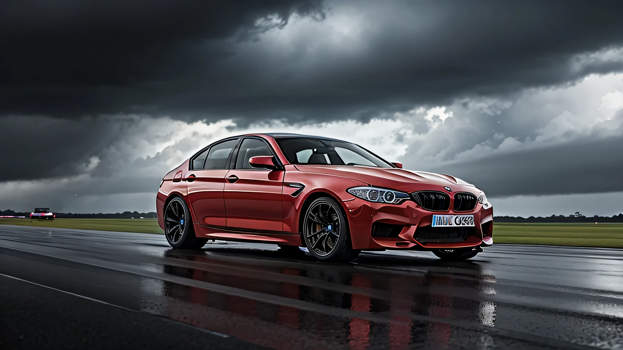 Create a cinematic image of a red BMW M5 speeding down an airport runway. The scene is dramatic, with dark, stormy clouds gathering in the sky. The car should be positioned at an angle, emphasizing its sleek design and power. The runway is wet, reflecting the car and the intense sky. The lighting is moody, highlighting the contours of the car and the texture of the storm clouds. Ensure the overall atmosphere is tense and dynamic, capturing the thrilling essence of the moment