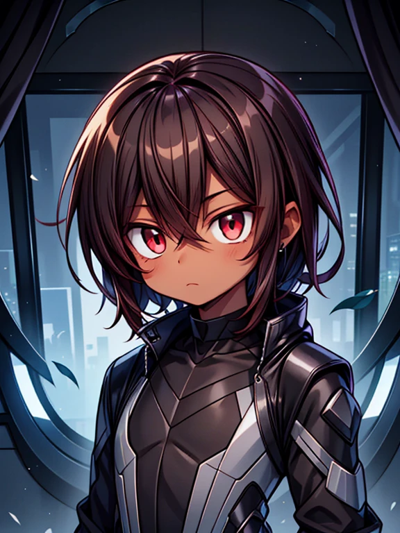 dark skin, male, (((short dark brown hair))), big red eyes and a very androgynous face, wearing a black exoskeleton bodysuit and a long black coat taimanin with sliver accent, black armoured taimanin_suit,