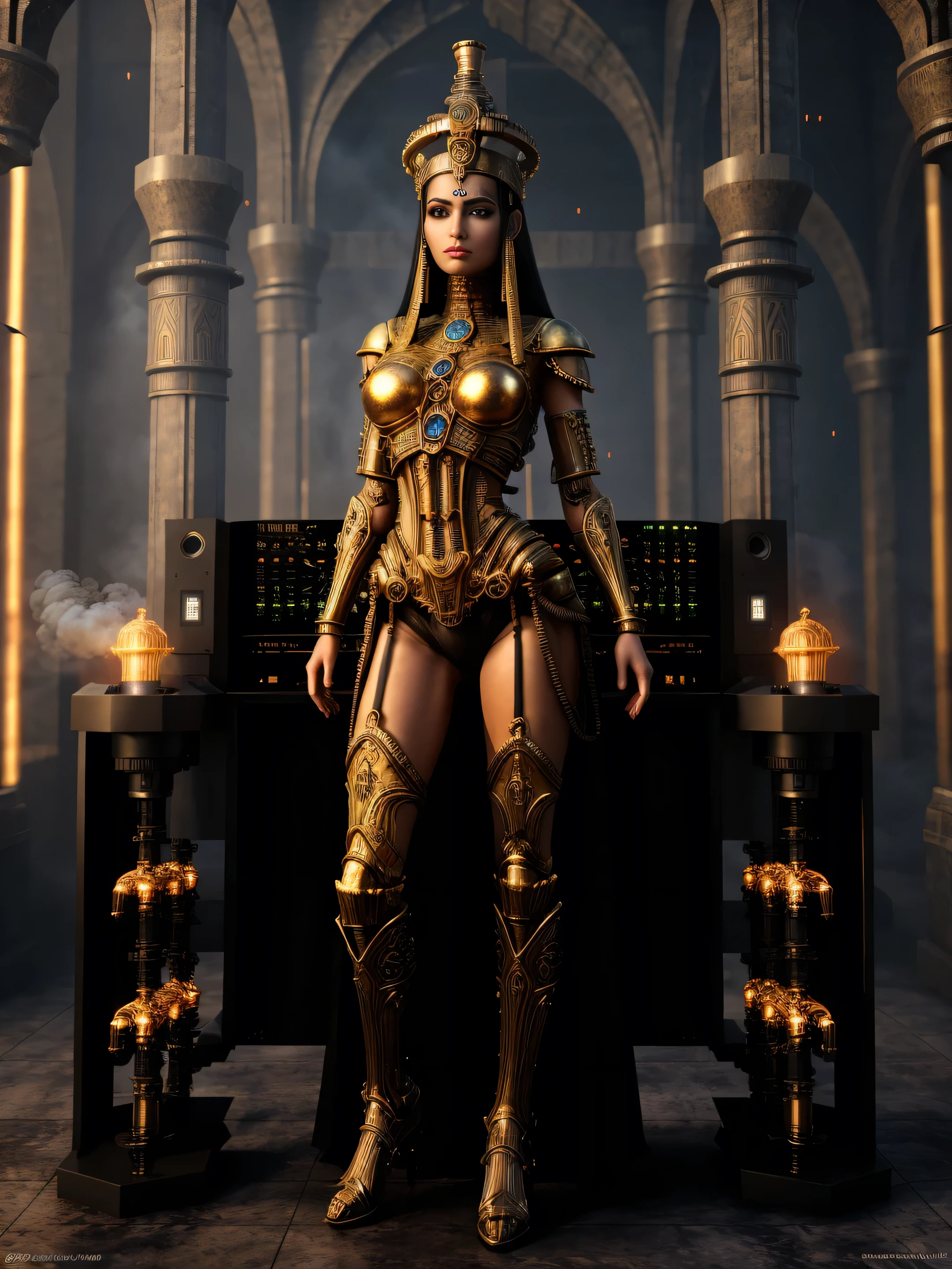 full body fantasy image of medieval egyptian goddess with intricate structure on her head, behind her is an intricate extraterrestrial alien machine, pipes, gears, computer monitor, smoke, steam, 3D, elaborate abro details, dusk, foreboding, gloomy, futuristic