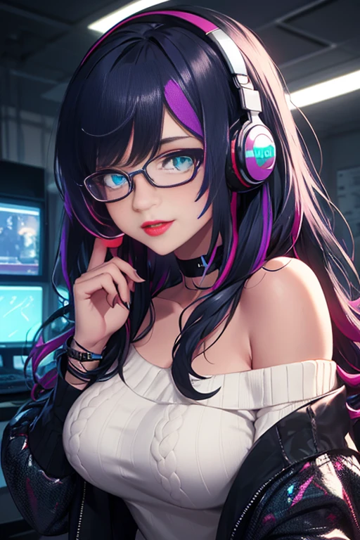 ((best quality)), ((masterpiece)), (detailed), perfect face, female, gamer girl, aqua eyes, cherry-red lips, light smile, long black hair, purple streaks, wearing headphones, bangs, ribbon, choker, bracelet, nerdy glasses, sleeves past fingers, black off-shoulder sweater, large breasts, gamer girl's bedroom, nighttime, neon lights, colorful lights