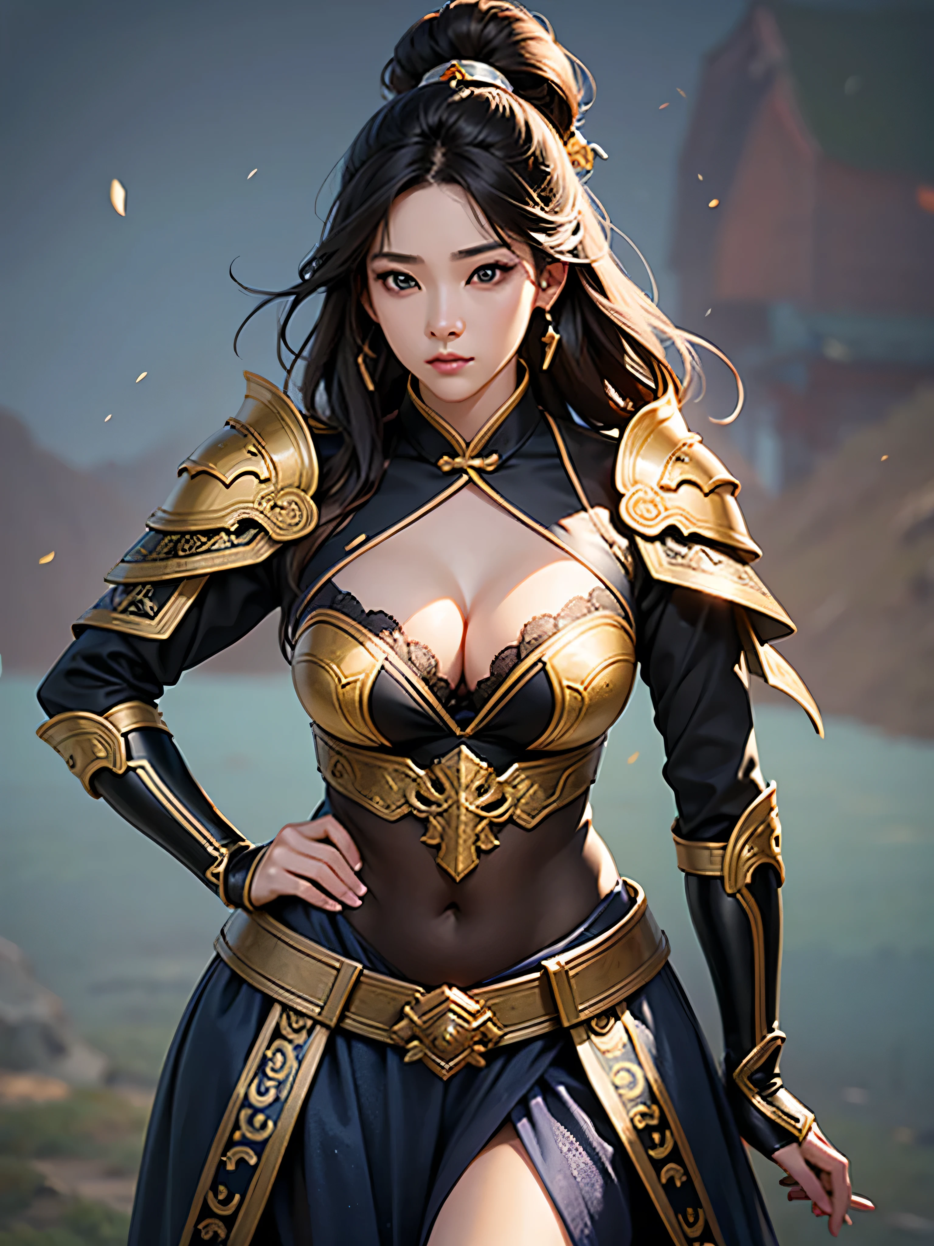 Armor made from highly exposed fabric from the Three Kingdoms, Armor of various colors, adult, female, Detailed description, realistic, very beautiful female, korean, beautiful chinese background, cleavage exposed, ultra high definition, black eyes, natural eyes, realistic facial lines, Beautiful bridge lines, sexy, full body photo, realistic body proportions, correct eye proportions, front view, Realistic and slim face, natural hair color, Holding a debt,