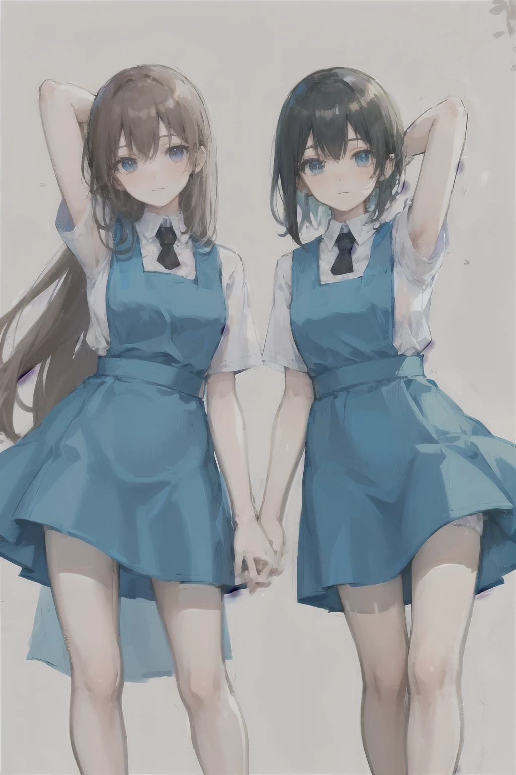 multiple girls side by side, hand behind head, showing detailed armpits, pleading, legs spread, small breasts, small cleavage, black hair, brown hair, long hair,  pony tail hair, white shirt, blue pinafore, panties showing, lifting skirt up, pink panties