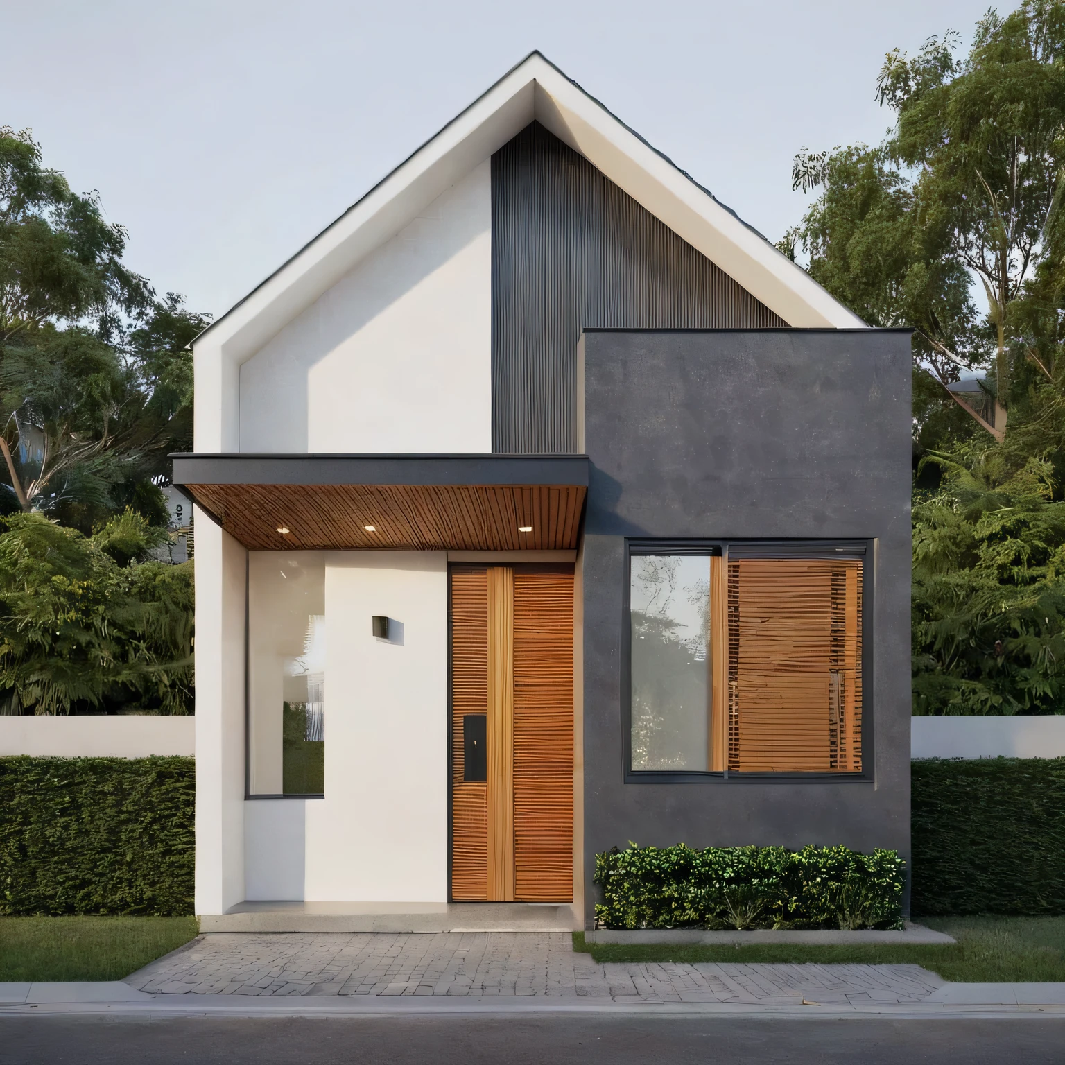 a view of a modern home with a large front yard, main material by white wall and stone and wood, 1 road runs in front of the house, (RAW photo, real, best quality, masterpiece:1.2), look morden minimalist, 1 road in front of the house, shime ring light, light brighteness from indoor:1.2, dynamic lighting:1.3, (hyper realistic, photo-realistic:1.2), high quality, day lighht, hight contrast :0.5 perfect lighting, archdaily, award winning contemporary, contemporary masterpiece, well-designed masterpiece, large modern residence, neotraditional modern, wide angle exterior 2024, midcentury modern, contemporary house, hip modern vibe, a long-shot from front, award winning modern design, stunning lines, residential, subtle detailing, light indoor:1.3