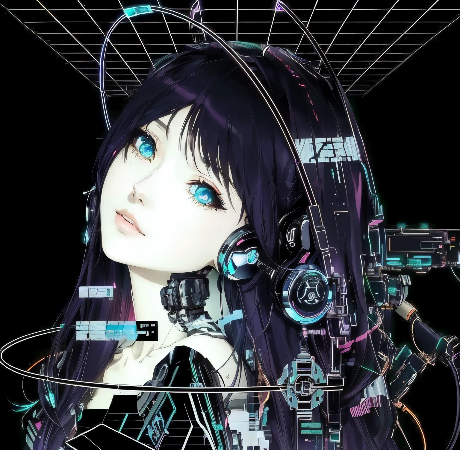 anime girl with headphones and a computer screen in the background, anime robotic mixed with organic, cyborg - girl, anime cyberpunk art, cyberpunk))))), digital cyberpunk - anime art, aesthetic cyberpunk, anime mecha aesthetic, cyberpunk anime girl, anime cyberpunk, dreamy psychedelic anime, cyborg girl, cyberpunk anime art, digital cyberpunk anime art, cyber aesthetic