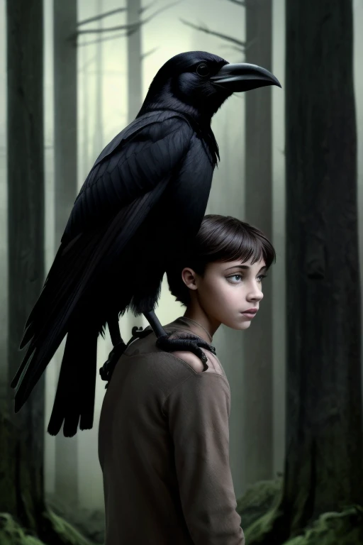 Best quality, masterpiece, a young girl of ideal appearance stands in a gloomy forest, A crow sits on his shoulder, crow pecks girl's eyes