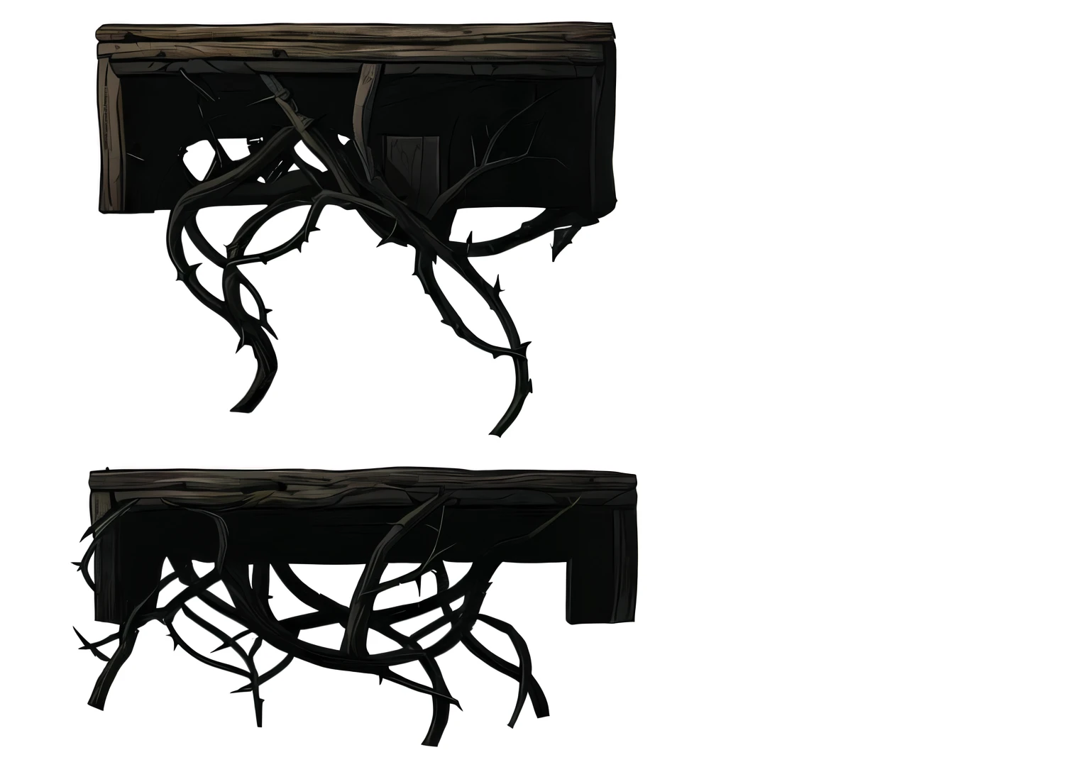 there are two wooden benches with videiras growing on them, high resolution and detail, thorns and videiras. detalhado, short chifres, fundo de espinho. d&d, chifres, thin chifres, incredible details;, sem textura, sword chifres, super detalhe de cada objeto, ugly highly detalhado, twisted withering videiras, high resolution details, hand painted textures on model, videiras