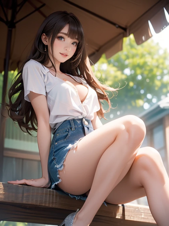 ((Extremely exposed))(High-definition image quality)極Realistic skin texture、High definition face(brown、Very long straight hair、Hair behind the ear、Beautiful moist brown hair、Smooth Hair)((Bright smile))、Gaze(sexyな25歳の女の子、Idol Makeup、Eyeliner)(Fair skin)(Sparkling eyes)Smooth Skin、Realistic skin texture ((Oversized T-shirt、Short length、Cleavage) ((Extremely short denim miniskirt、damage、Super tight、small、Ultra low rise、Panty lines))))Beautiful armpits、On the position of the chest、Round big breasts、Beautiful valley、Ultra-thin waist、Waistline、Long legs、Glitter High Heels((((Seaside cafe during the day、Sit with your legs apart、Erotic))))(((((Medium full shot from below、sexy))))))Eroticティックで大胆なポーズ、