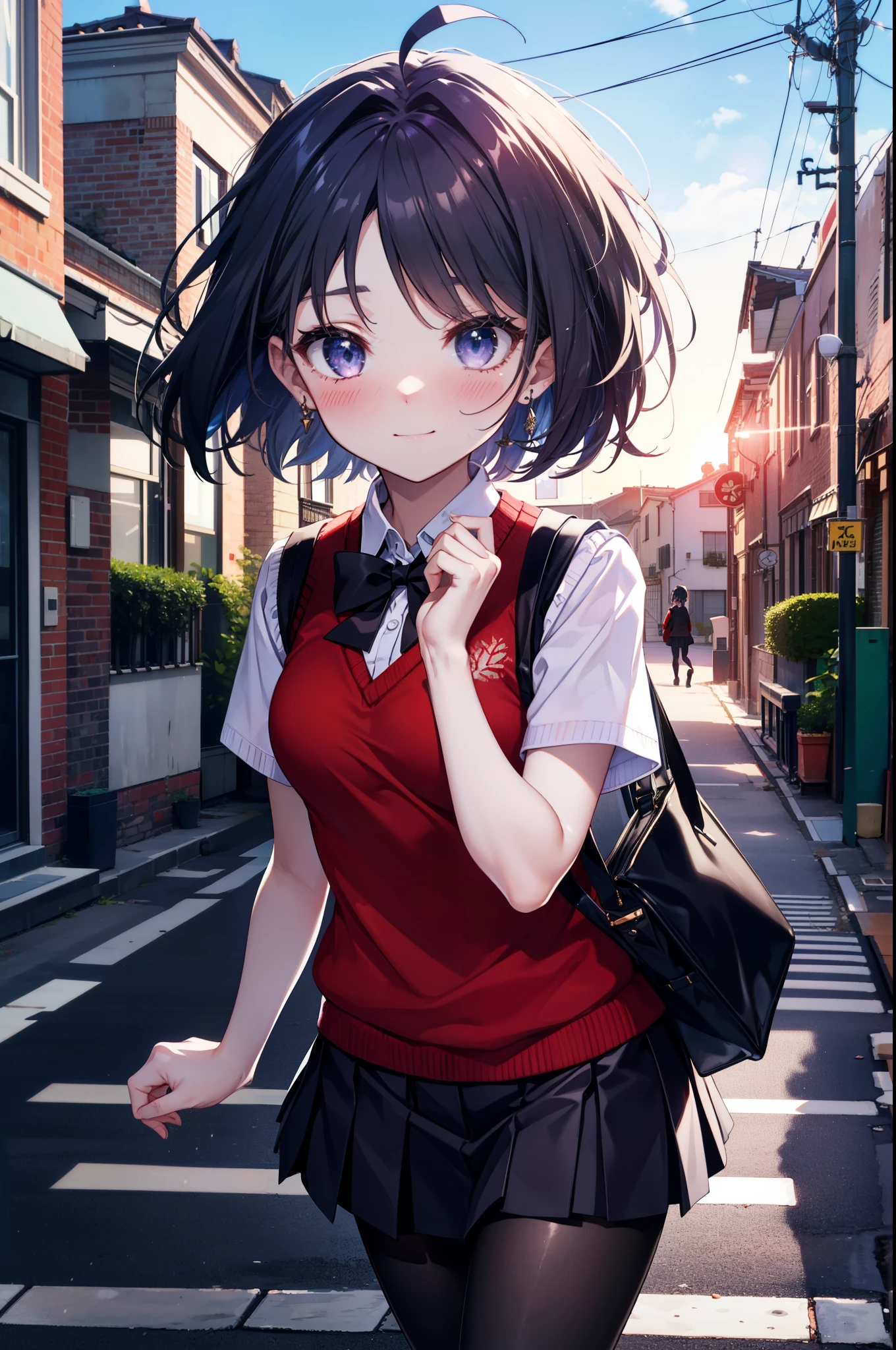 yuukikonno, Yuki Konno,Black Hair,short hair,Bob Hair ,Ahoge,Green Headband,(Iris:1.5), (Small breasts:1.2), smile,break skirt, shirt, bow, ribbon, , white shirt, Short sleeve, Pleated skirt, collared shirt, mini skirt, bowtie, 茶色のloafers , Black Skirt, Black pantyhose, loafers, black bow, Sweater vest, (red Sweater vest:1.5),whole bodyがイラストに入るように,Walking,
break outdoors, In town,Building district,
break looking at viewer, whole body,
break (masterpiece:1.2), highest quality, High resolution, unity 8k wallpaper, (shape:0.8), (Beautiful details:1.6), Highly detailed face, Perfect lighting, Highly detailed CG, (Perfect hands, Perfect Anatomy),
