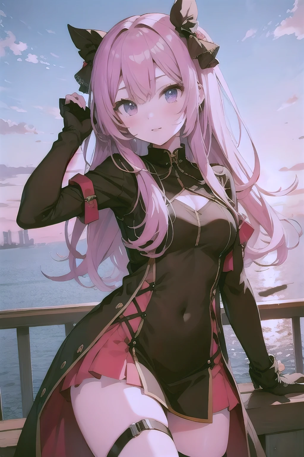 lacusclyne, lacus clyne, blue eyes, hair ornament, long hair, wave hair ornament, pink hair, ponytail, hair ribbon, hair clip,
BREAK ankle boots, black robe, boots, coat, long sleeves, red ribbon, ribbon, robe, sidelocks, sleeveless coat, white coat, white footwear,
BREAK outdoors, city,
BREAK looking at viewer, BREAK (masterpiece:1.2), best quality, high resolution, unity 8k wallpaper, (illustration:0.8), (beautiful detailed eyes:1.6), extremely detailed face, perfect lighting, extremely detailed CG, (perfect hands, perfect anatomy),