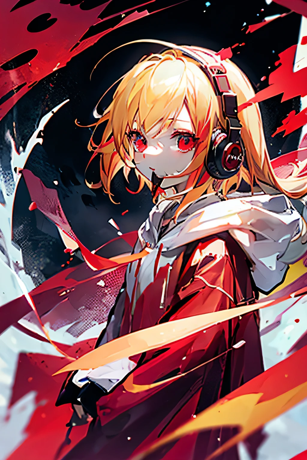 (Best image quality)、1 Girl、Red Moon、lake、Blonde、Red eyes、wing、hoodie、Food、headphone