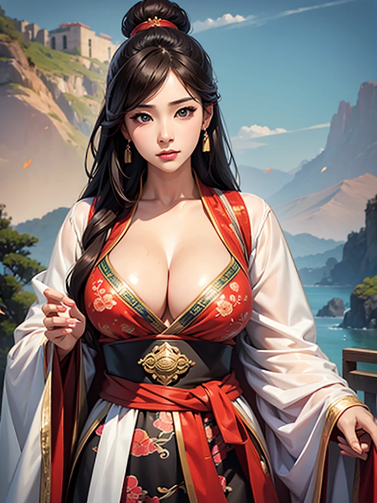 Three Kingdoms, adult, female, Detailed description, realistic, 매우 아름다운 female, korean, beautiful chinese background, cleavage exposed, ultra high definition, black eyes, natural eyes, realistic 얼굴 라인, Beautiful bridge lines, sexy, full body photo, realistic 신체 비율, correct eye proportions, front view, Realistic and slim face, natural hair color