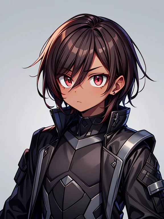 dark skin, male, (((short dark brown hair))), big red eyes and a very androgynous face, wearing a black exoskeleton bodysuit and a long black coat taimanin with sliver accent, black armoured taimanin_suit,