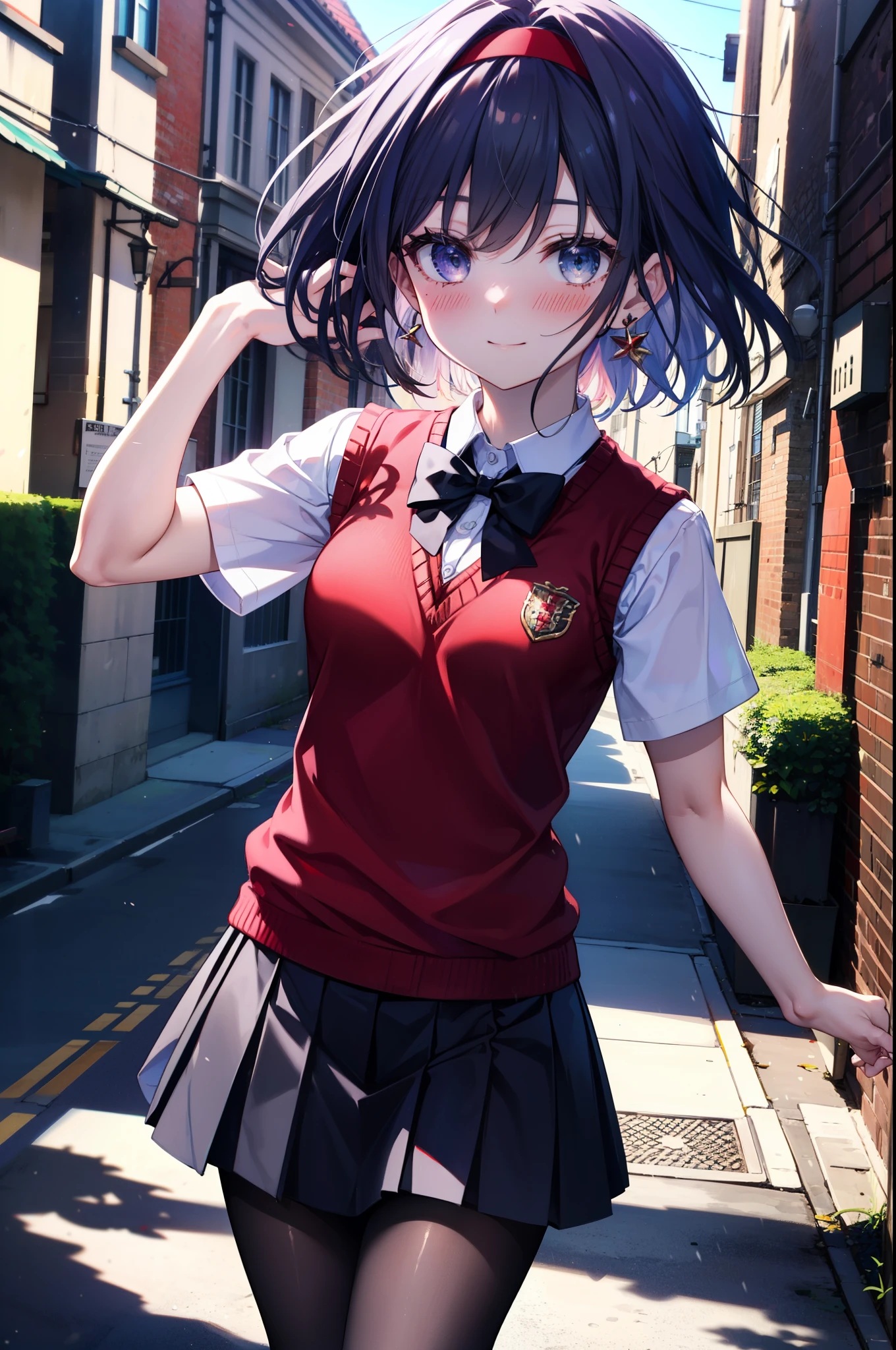 yuukikonno, Yuki Konno,Black Hair,short hair,Bob Hair ,Ahoge,Green Headband,(Iris:1.5), (Small breasts:1.2), smile,break skirt, shirt, bow, ribbon, , white shirt, Short sleeve, Pleated skirt, collared shirt, mini skirt, bowtie, 茶色のloafers , Black Skirt, Black pantyhose, loafers, black bow, Sweater vest, (red Sweater vest:1.5),whole bodyがイラストに入るように,Walking,
break outdoors, In town,Building district,
break looking at viewer, whole body,
break (masterpiece:1.2), highest quality, High resolution, unity 8k wallpaper, (shape:0.8), (Beautiful details:1.6), Highly detailed face, Perfect lighting, Highly detailed CG, (Perfect hands, Perfect Anatomy),