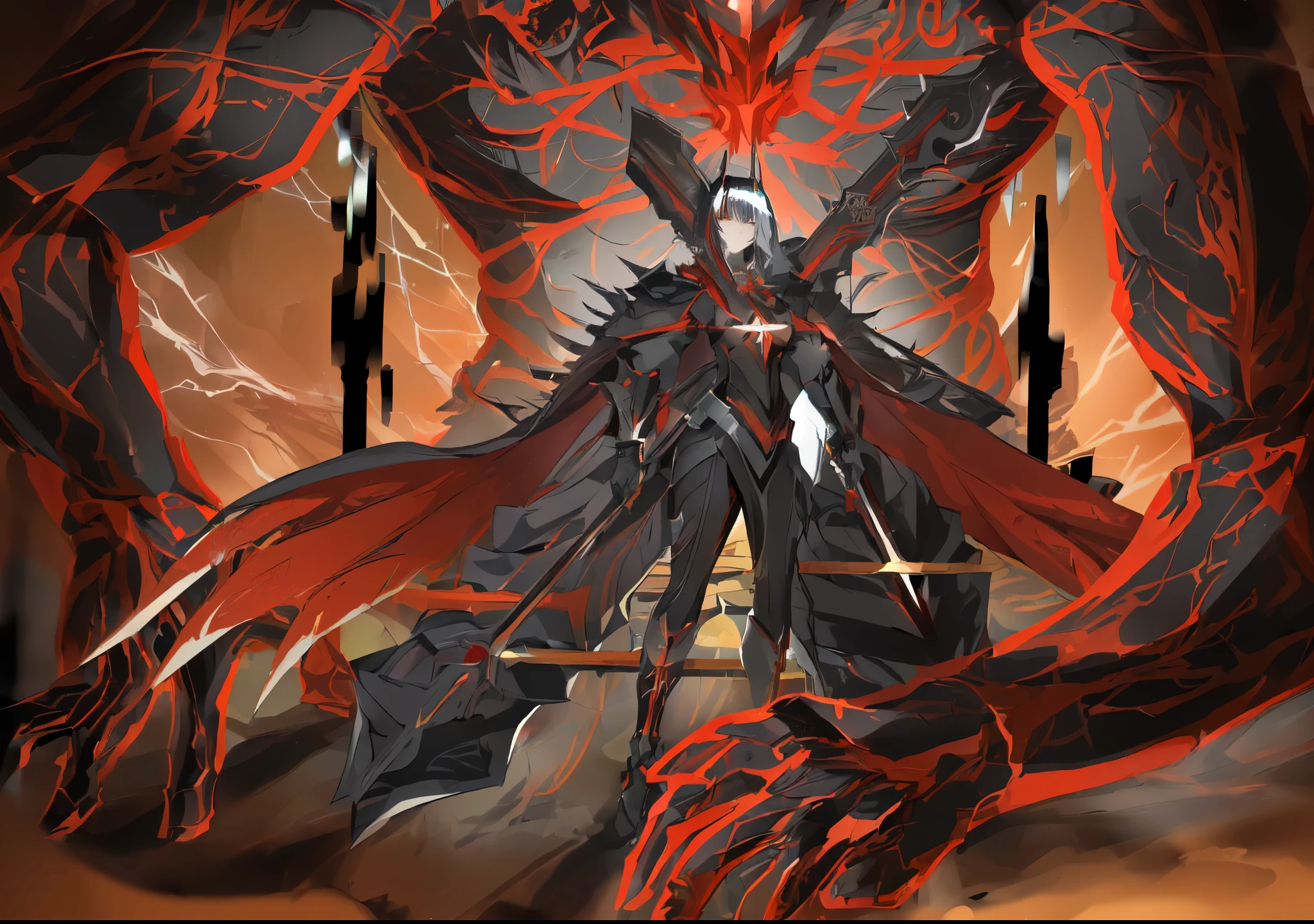 (((A woman))),Anime Characters,Anime Goddess,With red and black hair，Sword in hand, Beauty Reaper, Ruler of hell, Bad guy anime 8k, Anime epic artwork