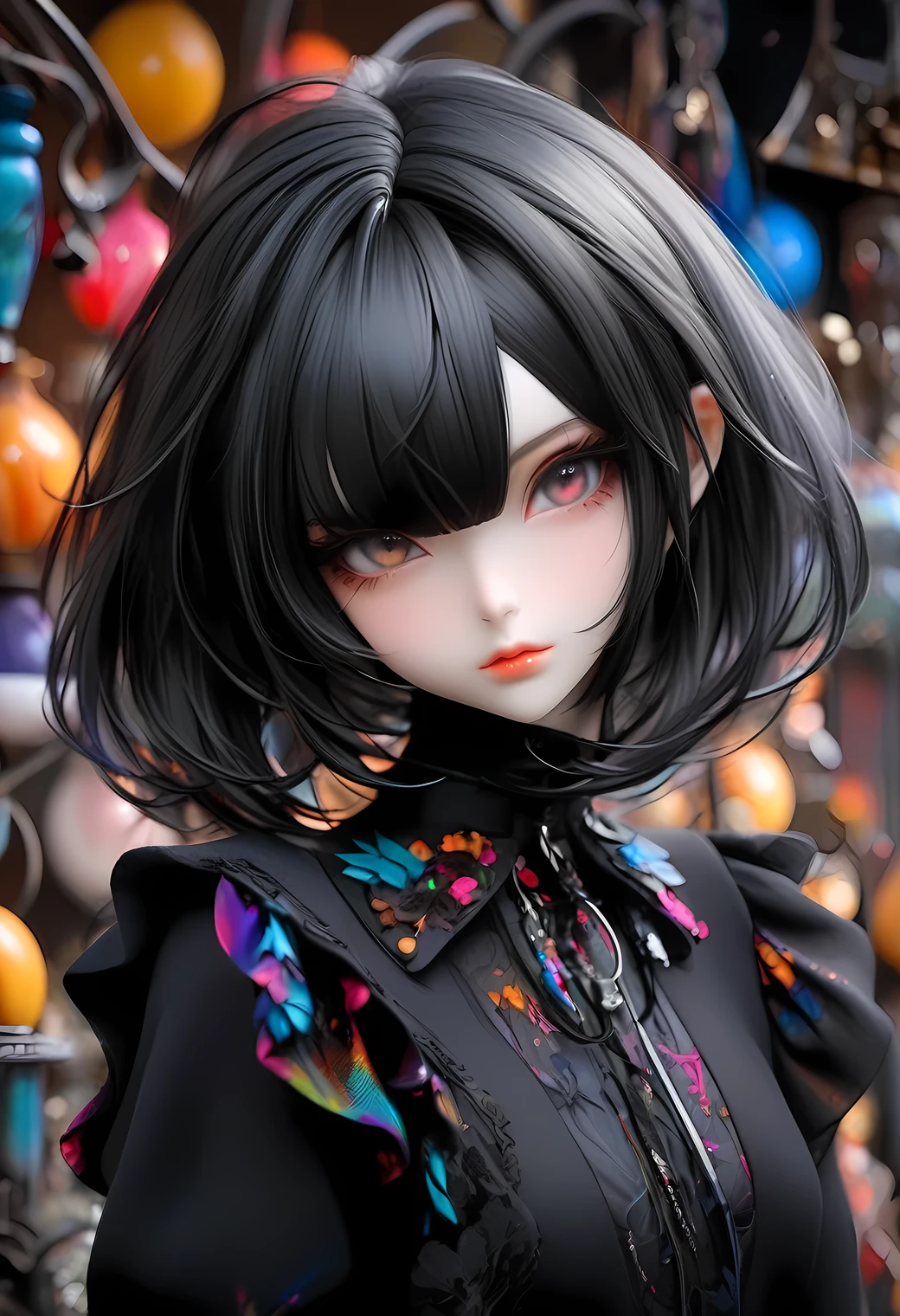 raw photo:1.2, masterpiece, highest quality, 16k, unbelievably absurd, very detailed, perfect beauty, (gothic atelier), beautiful cute girl, in a beautiful pose, jet black hair, modern sauvage bob hair, through bangs, droopy eyes, vibrant colors, raw photo, portrait,