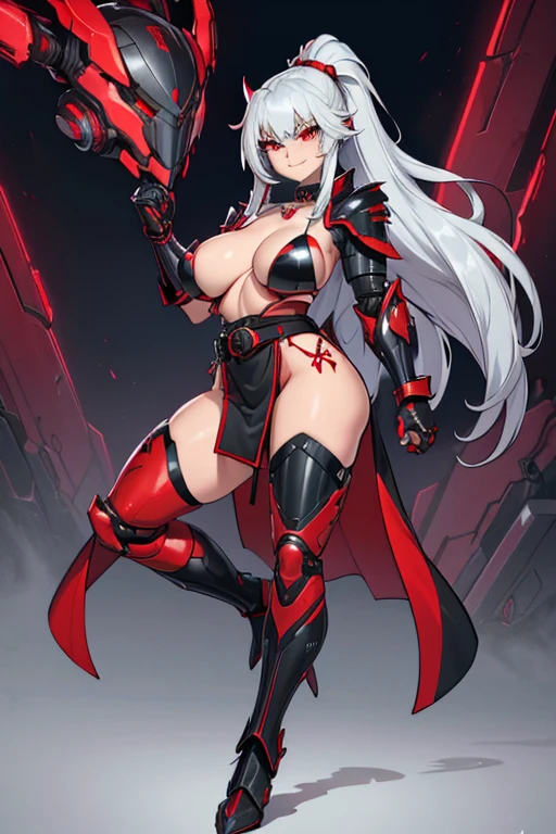female, silver long hair, red eyes, (((1girl))), (((red futuristic armor))), (black cybernetic gauntlets), (black cybernetic boots), (red sarong skirt), (black belt), (black choker with ruby), cute and sexy, full body, huge breasts, large butt, long legs, smiling