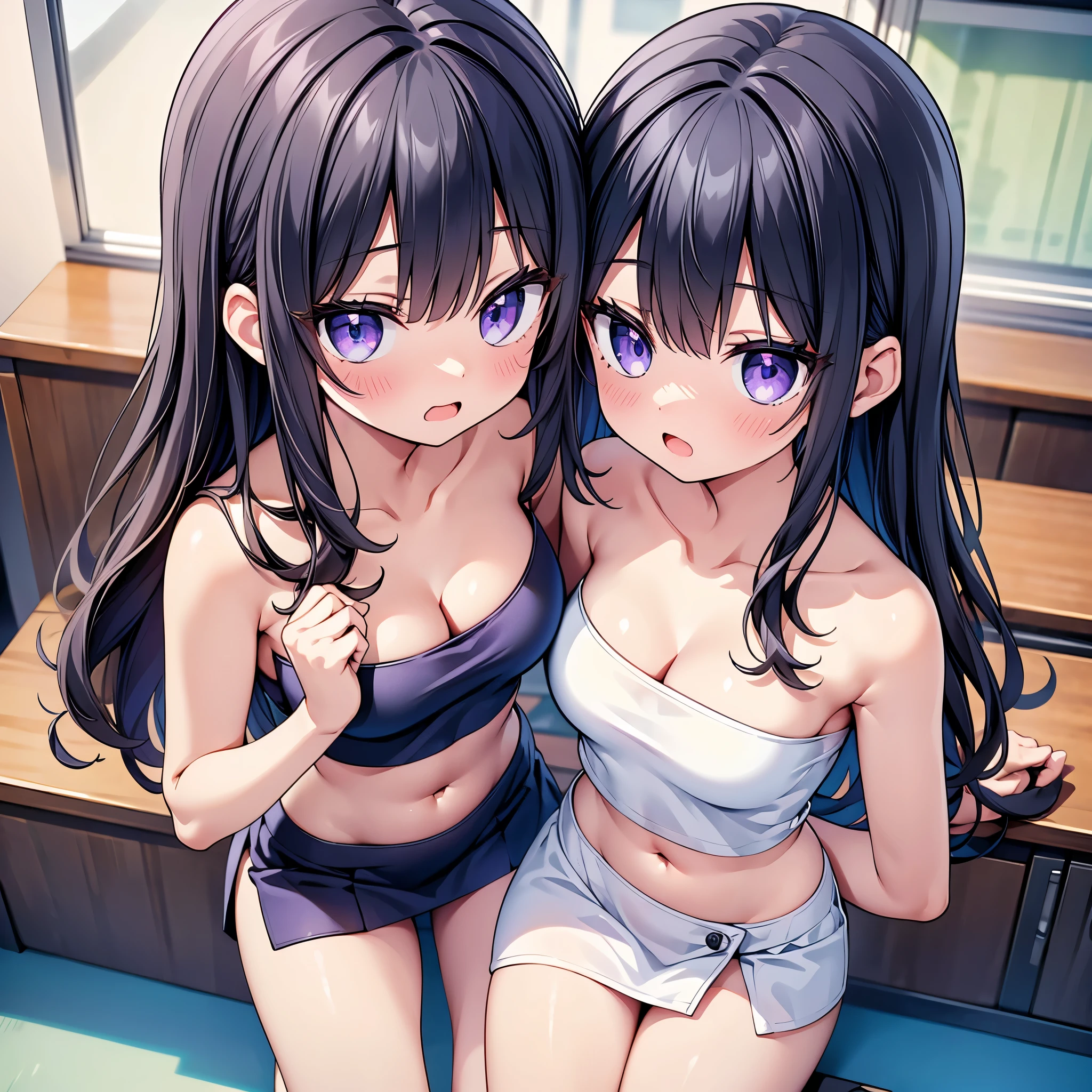 (cute eyes:1.2), (sparkling eyes:1.2), (8K、Best image quality、highest quality、masterpiece)、Detailed face、(2 girls)、Improve、(Black Hair, Purple Eyes, long hair)、(open mouth), (embarrassed), (skinny body:1.3),(small breasts), (Naked Towel:1.3), (cleavage:1.4), (crop top navel:1.4),Sit on a chair, Classroom Background, (Waistline:1.1),(close-up shot of bust), (from above:1.2)