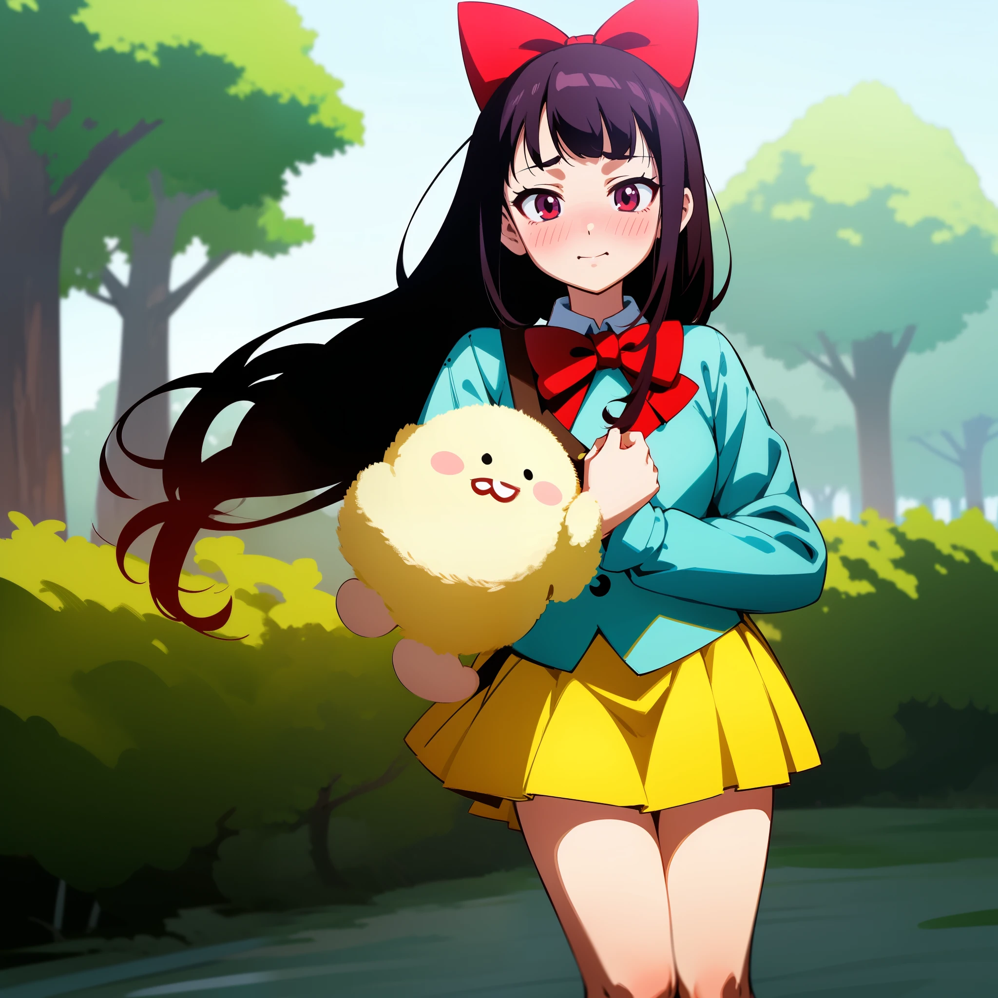 Anime girl standing in a park, with the Maki's trademark bow, Shy expressions, Red blush gradually spreading across cheeks, Hands clutching a school bag tightly, Looking away from the crowd, Keeping her mouth shut, Knees slightly bend, Embarrassment etched on her face, Maki's long hair swaying gently in the wind, Mini skirt fluttering subtly in the breeze.