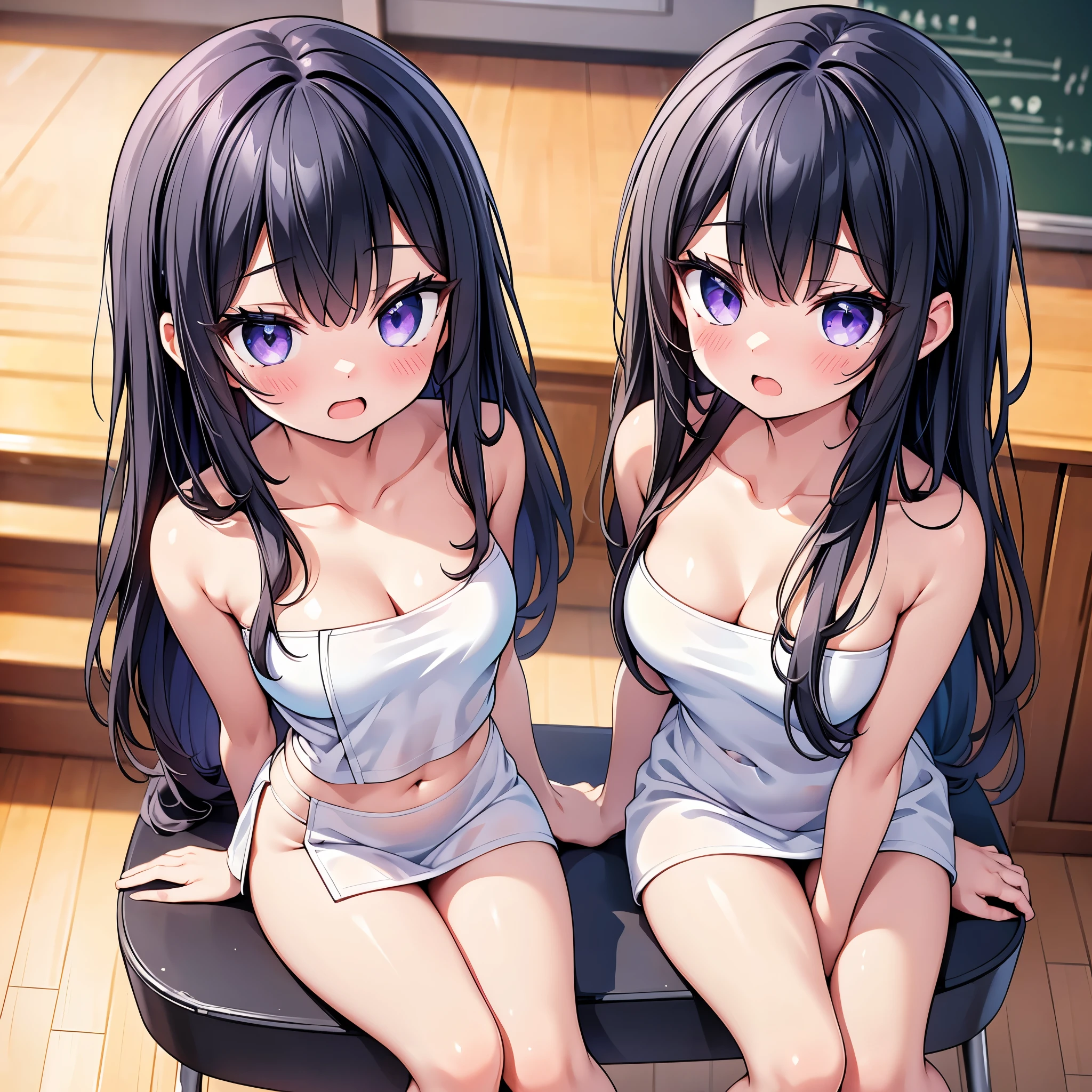 (cute eyes:1.2), (sparkling eyes:1.2), (8K、Best image quality、highest quality、masterpiece)、Detailed face、(2 girls)、Improve、(Black Hair, Purple Eyes, long hair)、(open mouth), (embarrassed), (skinny body:1.3),(small breasts), (Naked Towel:1.3), (cleavage), (crop top navel),Sit on a chair, Classroom Background, (Waistline:1.1),(close-up shot of bust), (from above:1.2)